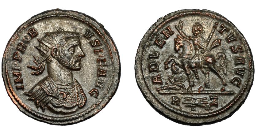 340   -  IMPERIO ROMANO. PROBO. Antoniniano. Roma (276-282). R/ Probo a caballo a izq., a sus pies cautivo; ADVENTVS AVG, exergo R (haz de rayos) Z. VE 3,89 g. 22,2 mm. RIC-157. EBC-.