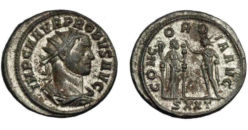 341   -  IMPERIO ROMANO. PROBO. Antoniniano. Ticinum (276-282). R/ Concordia a der. con dos insignias frente al Sol; CONCORDIA AVG, exergo SXXT. VE 5,38 g. 23,5 mm. RIC-323. R.P.O. MBC+.