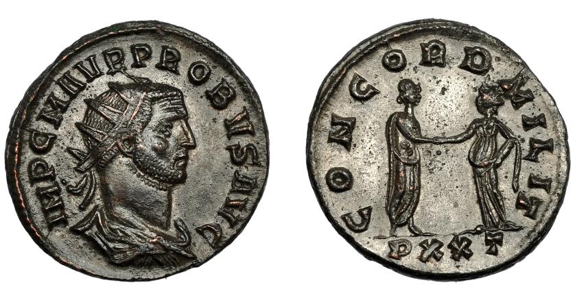342   -  IMPERIO ROMANO. PROBO. Antoniniano. Ticinum (276-282). R/ Probo a der. dando la mano a Concordia; CONCORDIA MILIT, exergo PXXT. VE 3,97 g. 21,6 mm. RIC-332. EBC-.