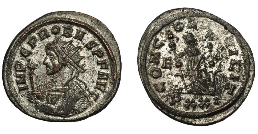 344   -  IMPERIO ROMANO. PROBO. Antoniniano. Ticinum (276-282). R/ Concordia a izq. con dos insignias; E/PXXI. VE 3,63 g. 24,5 mm. RIC-479. R.P.O. EBC-.