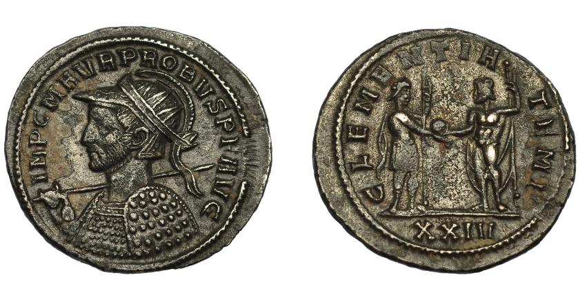 345   -  IMPERIO ROMANO. PROBO. Antoniniano. Siscia (276-282). A/ Busto con casco, coraza, radiado y con lanza y escudo a izq. R/ Emperador con cetro a der. recibe globo de Júpiter frente a él; CLEMENTIA TEMP, exergo XXIV. VE 3,58 g. 22,2 mm. RIC-647 vte. ley. anv. MBC+/MBC. Rara.