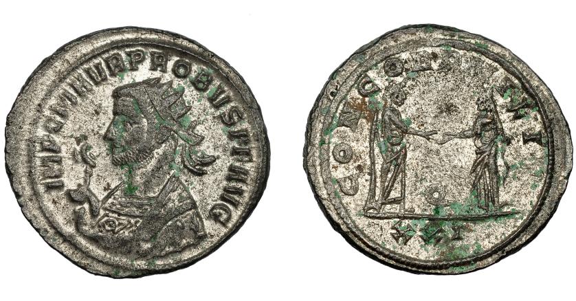 346   -  IMPERIO ROMANO. PROBO. Antoniniano. Siscia (276-282). R/ Probo dando la mano a Concordia; CONCORIDA MILIT, Q/XXI. VE 3,97 g. 23,7 mm. RIC-650. Leves oxidaciones. R.P.O. EBC-.