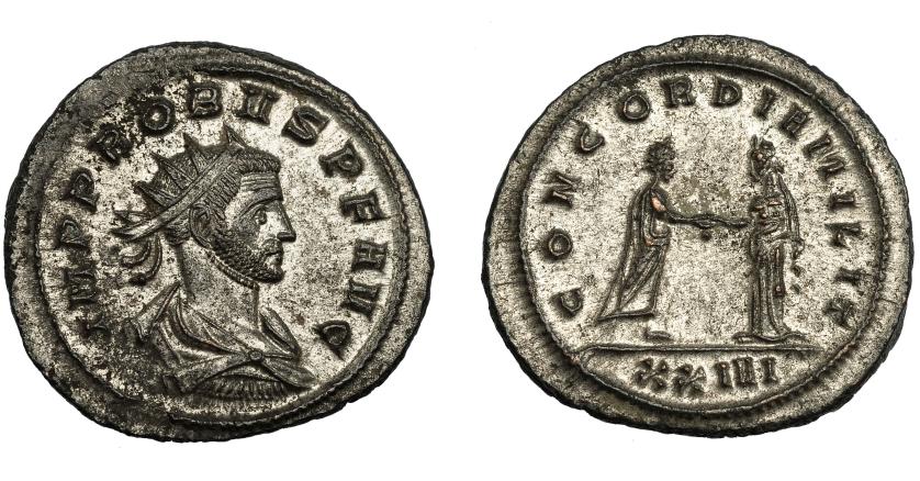 350   -  IMPERIO ROMANO. PROBO. Antoniniano. Siscia (276-282). R/ Probo a der. dando la mano a Concordia; CONCORDIA MILIT, exergo XXIVI. VE 4,26 g. 22,9 mm. RIC-666. P.O. EBC-.