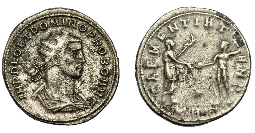 351   -  IMPERIO ROMANO. PROBO. Antoniniano. Serdica (276-282). A/ Busto radiado, drapeado y con coraza a der.; IMP DEO ET DOMINO PROBO AVG. R/ Probo a der. con cetro rematado en águila recibiendo globo de Júpiter frente a él; CLEMENTIA TEM, */KAG (gamma). VE 4,02 g. 23,3 mm. RIC-841. P.O. con leves erosiones. MBC-. Rara.