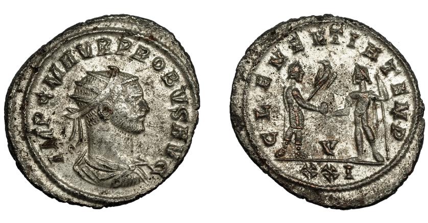 353   -  IMPERIO ROMANO. PROBO. Antoniniano. Cizycus (276-282). R/ Probo con cetro rematado en águila recibe globo de Júpiter frente a él; CLEMENTIA TEMP, V/XXI. VE 3,54 g. 24,5 mm. RIC-905. P.O. MBC/MBC+.