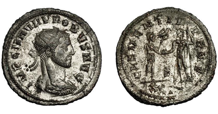 354   -  IMPERIO ROMANO. PROBO. Antoniniano. Cizycus (276-282). R/ Probo con cetro rematado en águila recibe globo de Júpiter frente a él; CLEMENTIA TEMP, S/XXI. VE 3,91 g. 23,4 mm. RIC-905. R.P.O. Ebc-.