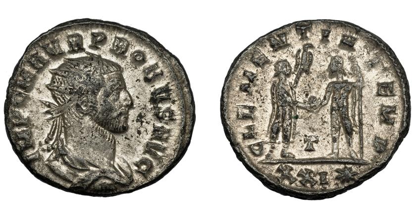 357   -  IMPERIO ROMANO. PROBO. Antoniniano. Cizycus (276-282). R/ Probo con cetro rematado en águila recibe globo de Júpiter frente a él; CLEMENTIA TEMP, T/XXI*. VE 4,07 g. 21,3 mm. RIC-905. P.O. MBC+.