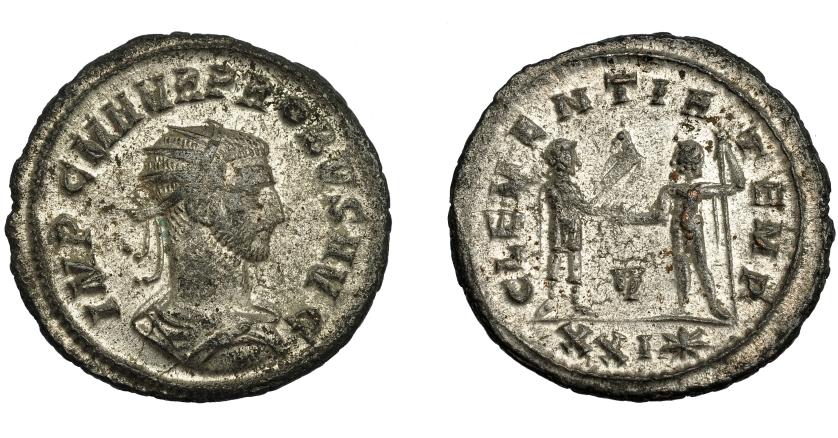 358   -  IMPERIO ROMANO. PROBO. Antoniniano. Cizycus (276-282). R/ Probo con cetro rematado en águila recibe globo de Júpiter frente a él; CLEMENTIA TEMP, V/XXI*. VE 4,06 g. 22,9 mm. RIC-905. P.O. MBC+/EBC-.