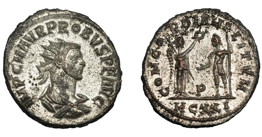 359   -  IMPERIO ROMANO. PROBO. Antoniniano. Cyzicus (276-282). R/ Probo con lanza a izq. frente a Victoria que le tiende una corona; CONCORDIA MILITVM, P/MCXXI. VE 4,32 g. 22,1 mm. RIC-907. P.O. EBC.