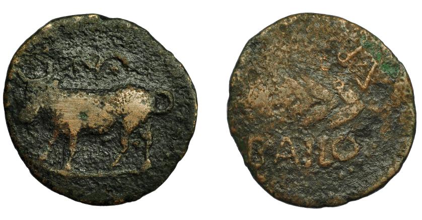 36   -  HISPANIA ANTIGUA. BAILO. Mitad. A/ Toro a izq., encima estrella y creciente con punto. R/ Espiga a izq., encima ley. libio-fenicia b'l'bln, debajo BAILO. AE 3,93 g. 22,1 mm. I-185. ACIP-924. BC-. Muy escasa.