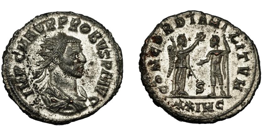 360   -  IMPERIO ROMANO. PROBO. Antoniniano. Cyzicus (276-282). R/ Probo con lanza a izq. frente a Victoria que le tiende una corona; CONCORDIA MILITVM, S/XXIMC. VE 3,89 g. 22,4 mm. RIC-907. P.O. EBC.