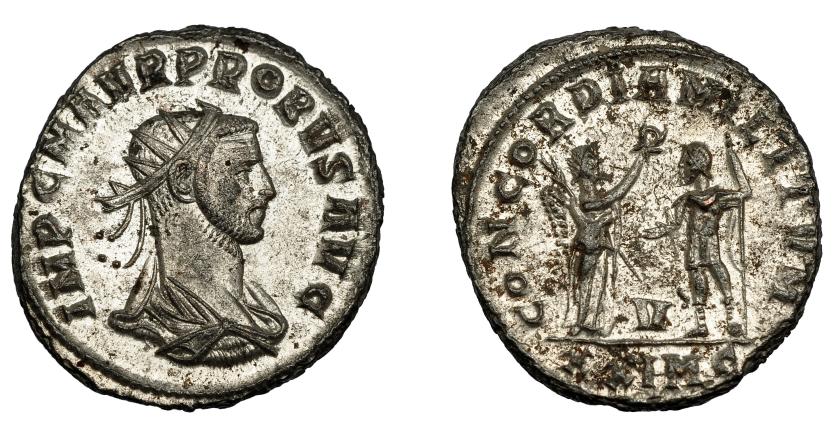 362   -  IMPERIO ROMANO. PROBO. Antoniniano. Cyzicus (276-282). R/ Probo con lanza a izq. frente a Victoria que le tiende una corona; CONCORDIA MILITVM, V/XXIMC. VE 4,33 g. 22,3 mm. RIC-908. P.O. EBC-.
