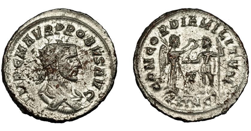 364   -  IMPERIO ROMANO. PROBO. Antoniniano. Cyzicus (276-282). R/ Probo con lanza a izq. frente a Victoria que le tiende una corona; CONCORDIA MILITVM, T/XXIMC. VE 3,83 g. 22,6 mm. RIC-908. P.O. EBC-.