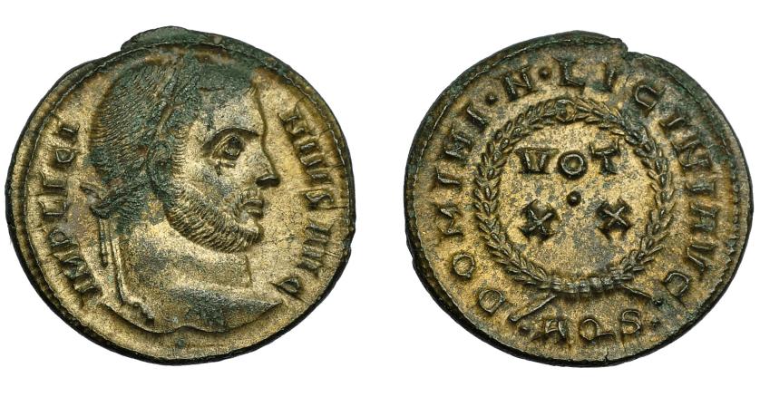 374   -  IMPERIO ROMANO. LICINIO I. Follis. Aquileia (320-321). R/ Láurea rodeando VOT/ XX. Exergo AQS. AE 2,93 g. 19 mm. RIC-67. R.P.O. EBC-.