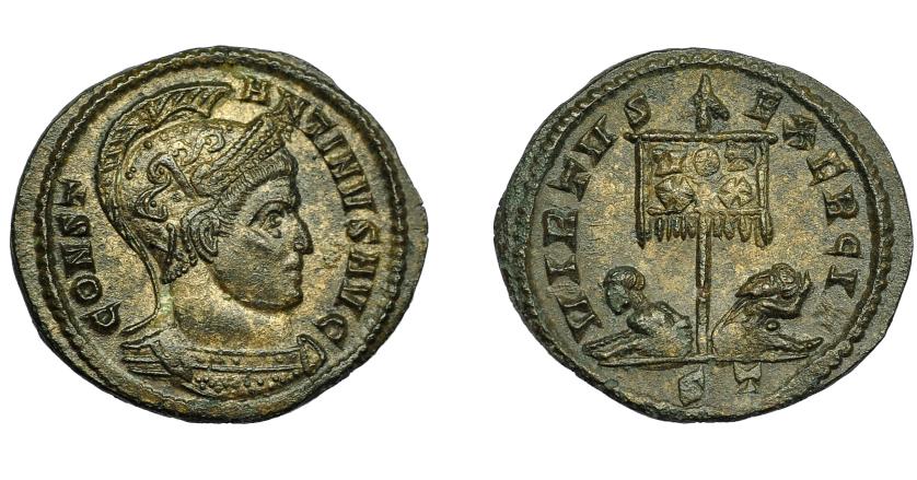 375   -  IMPERIO ROMANO. CONSTANTINO I. Follis. Ticinum (319-320). R/ Dos cautivos, en medio estandarte con ley. VOT/XX. Exergo ST. AE 2,56 g. 20,1 mm. RIC-114. EBC/EBC-.