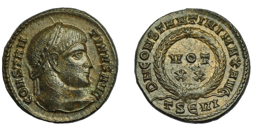 376   -  IMPERIO ROMANO. CONSTANTINO I. Follis. Tesalónica (324). R/ Láurea rodeando VOT/XX, exergo TSEVI. AE 3,21 g. 18 mm. RIC-123. EBC-/EBC.