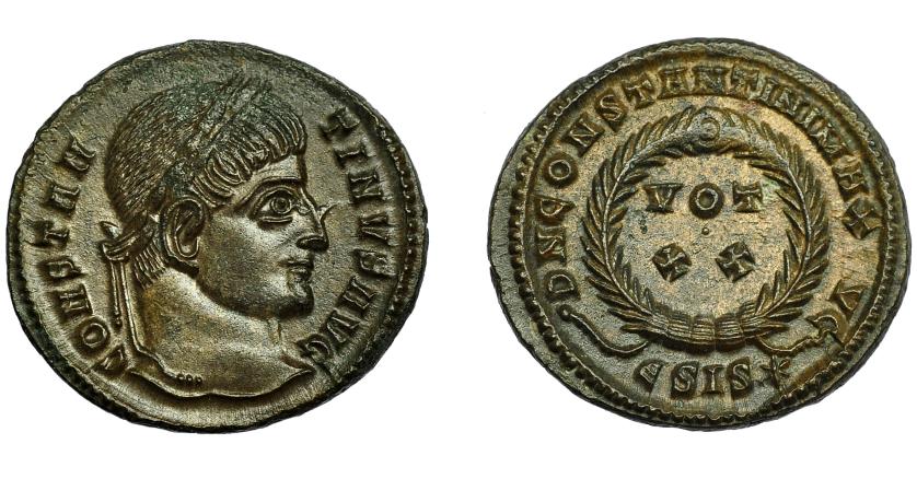 377   -  IMPERIO ROMANO. CONSTANTINO I. Follis. Siscia (320-321). R/ Láurea rodeando VOT/XX, exergo ESIS*. AE 3,35 g. 19,6 mm. RIC-159. EBC.