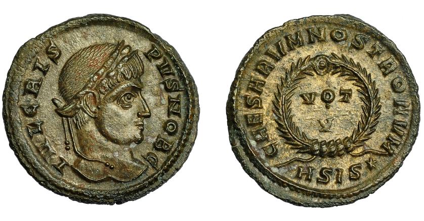 378   -  IMPERIO ROMANO. CONSTANTINO I. Follis. Siscia (320-321). R/ Láurea rodeando VOT/V, exergo HSIS*. RIC-161. EBC.