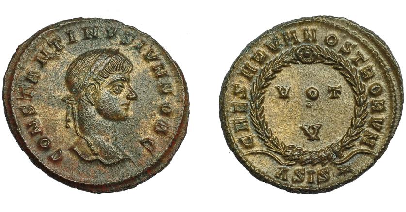 379   -  IMPERIO ROMANO. CONSTANTINO II. Follis. Siscia (321-324). R/ Láurea rodeando VOT/V, exergo ASIS*. AE 2,80 g. 19,9 mm. RIC-163. EBC/EBC+.