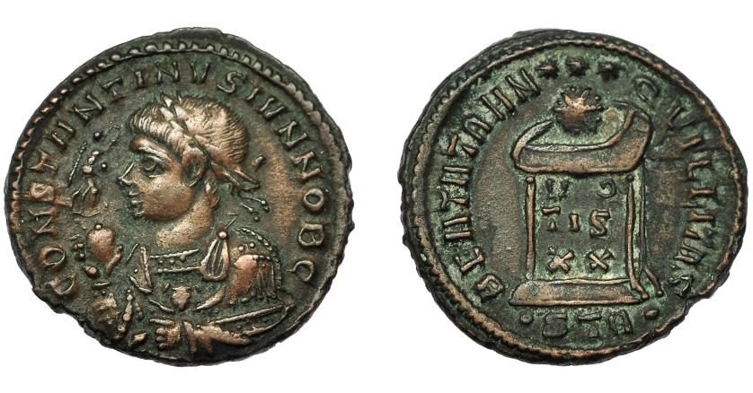 380   -  IMPERIO ROMANO. CONSTANTINO II. Follis. Treveris (322-323). R/ Globo sobre altar con inscripción VO/TIS /XX, exergo .STR. AE 3,05 g. 19 mm. RIC-382. MBC+/EBC-.