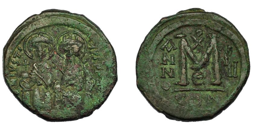 385   -  IMPERIO BIZANTINO. JUSTINO II. Follis. Constantinopla (565-566). A/ Justino y Sofía entronizados y nimbados. AE 14,95 g. 31,3 mm. SBB-360. Pátina verde. MBC-/MBC.