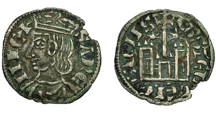 443   -  REINOS DE CASTILLA Y LEÓN. SANCHO IV. Cornado. Marca: *-*. VE 0,67 g. 18,2 mm. III-304.1. BMM-437. Pequeña rotura al borde. MBC. Escasa.