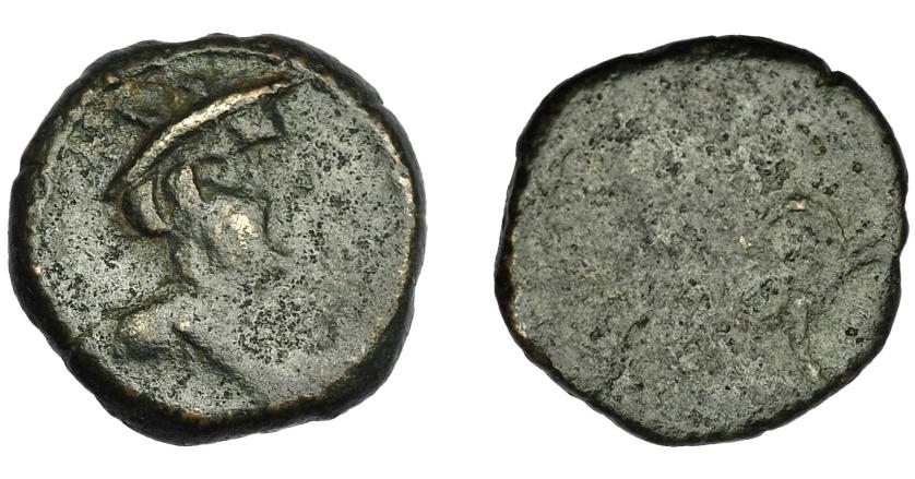 48   -  HISPANIA ANTIGUA. CARMO. Sextans. A/ Cabeza de Mercurio a der. R/ Caduceo, tres puntos a der. AE 3,90 g. 17,3 mm. I-473. ACIP-2390. BC+/MC. Muy rara.