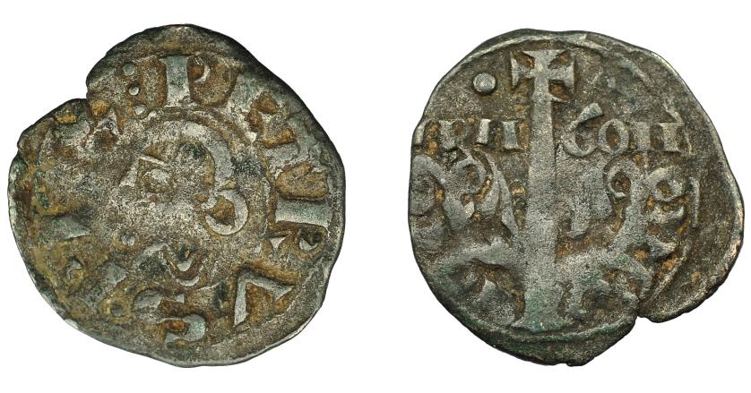 491   -  CORONA DE ARAGÓN. PEDRO EL DE HUESCA (1094-1104). Dinero. Jaca. Puntos a los lados de la cruz del rev. VE 0,87 g. 17,3 mm. IV-B 213.2. BC+. Escasa.