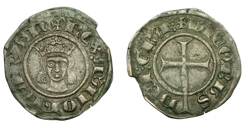 504   -  REINO DE MALLORCA. JAIME II DE MALLORCA (1276-1311). Dinero. VE 0,88 g. 16,9 mm. IV-539. Pequeña rotura al borde. MBC.