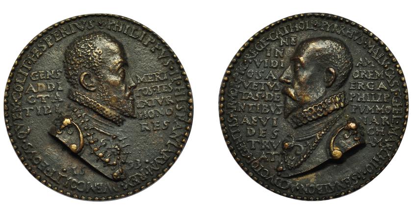 520   -  FELIPE II. Medalla anónima. 1593. R/ PYRRHUS MALV CAST GHEL MARCHIO I SENAT BON ACDVCTOR GENTIS ARMOB PRO REGE CATHOL. AE 77,5 mm. VQ-13738. Fundición moderna. EBC.