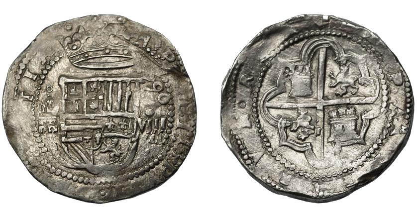 527   -  FELIPE II. 8 reales. 1590. Segovia.  I superada de roel fecha 590. AC-681. MBC+. Rara. 