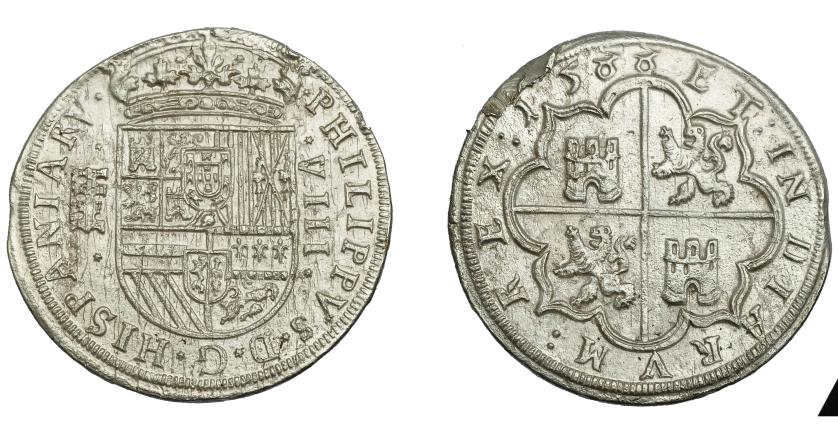 528   -  FELIPE II. 8 reales. 1588. Segovia. Doble acueducto de tres arcos; los ochos de la fecha abiertos. Ley. HISPANIARU. AR 24,32 g. AC-708. Erosiones marinas. EBC-. Muy escasa.