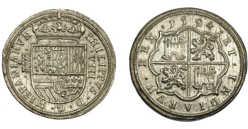 530   -  FELIPE II. 8 reales. 1594. Segovia. AR 25,04 g. AC-699. Erosiones marinas.EBC-.  Muy escasa.