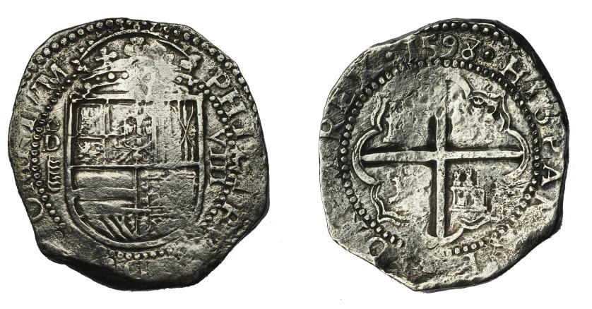 531   -  FELIPE II. 8 reales. 1598. Valladolid. tipo OMNIVM. AC-768. AR 25,11 g. Erosiones marinas y vanos. MBC. Rara.