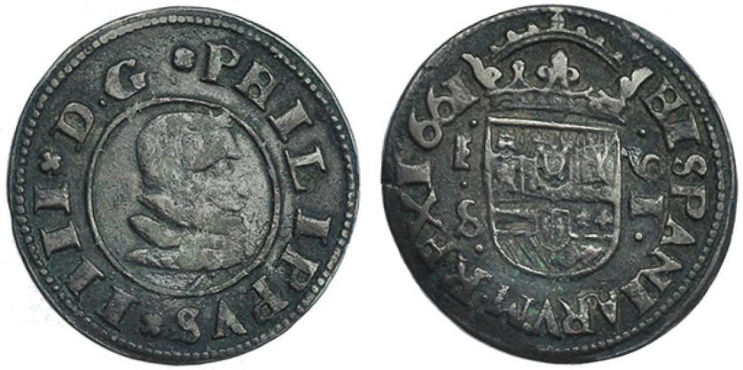 546   -  FELIPE IV. 16 maravedís. 1661. Segovia. S. Valor invertido. JS-515. RS-492. MBC-/MBC. Escasa.