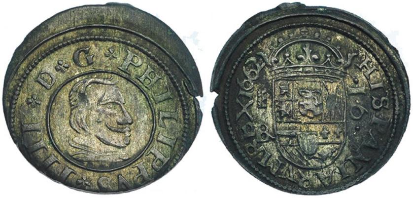 548   -  FELIPE IV. 16 maravedís. 1662. Segovia. BR. JS-519. RS-495. Algo descentrada. EBC-.