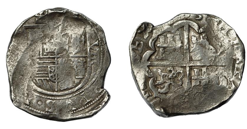 555   -  FELIPE IV. 8 reales. Posiblemente Sevilla. Fecha parcialmente visible (16)33 o 53. Vanos. BC+.