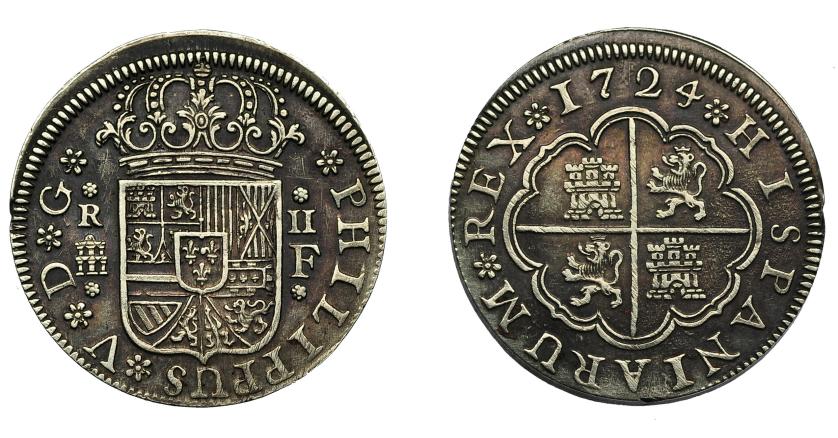566   -  FELIPE V. 2 reales.  1724. Segovia. F. VI-770. Hojita en canto. EBC-/MBC+.
