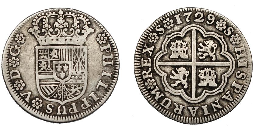 567   -  FELIPE V. 2 reales. 1729. Sevilla. Sin valor ni ensayador. VI-788. MBC-. Escasa