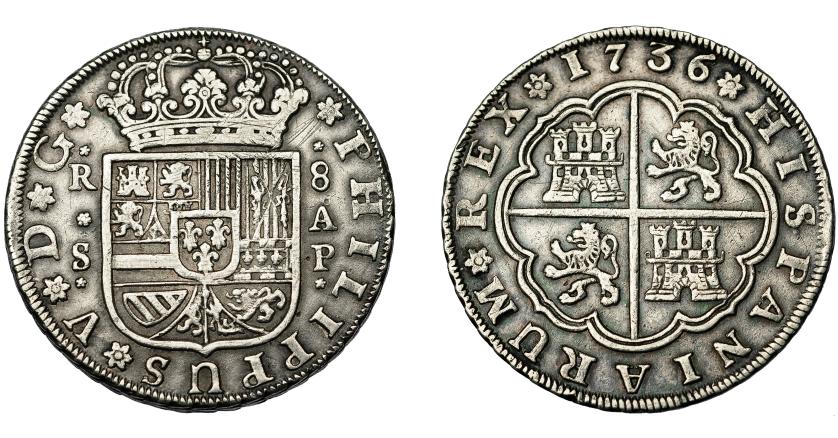 570   -  FELIPE V. 8 reales. 1736. Sevilla. AP. VI-1271. Rayitas. MBC.