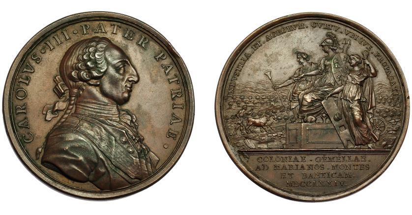 579   -  CARLOS III. Medalla colonización de Sierra Morena. 1774. Grabadores: T. F. Prieto (anv. ) y J. Gil (rev.). AE 56 mm. MPN-90. EBC.