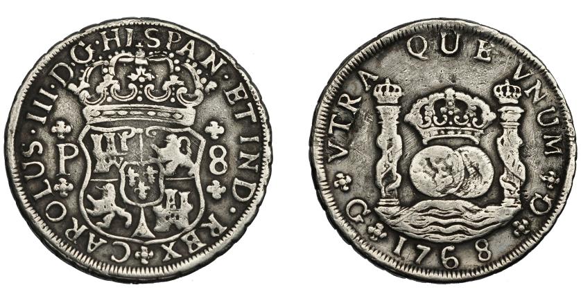 588   -  CARLOS III. 8 reales. 1768. Guatemala. P. VI-853. Agujero tapado. Pequeñas marcas. MBC-.