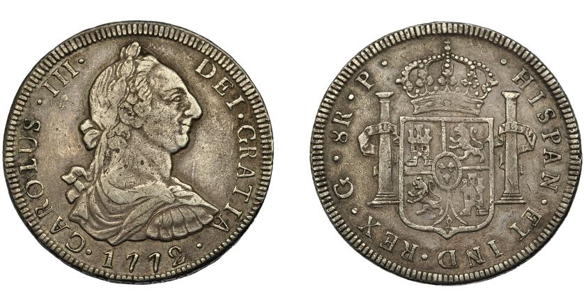 589   -  CARLOS III. 8 reales. 1772. Guatemala. P. VI-857. Rayitas. MBC-. Rara.