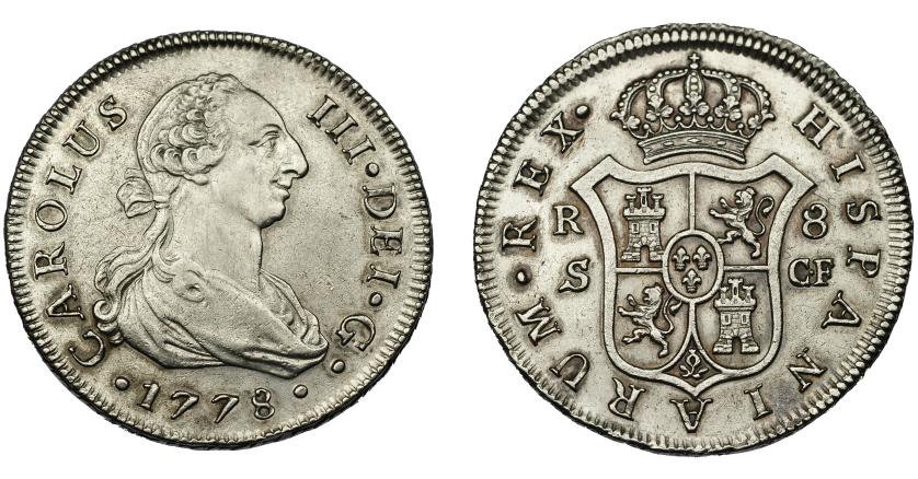 592   -  CARLOS III. 8 reales. 1778. Sevilla. CF. VI-1034. Limpiada. EBC-. Rara.