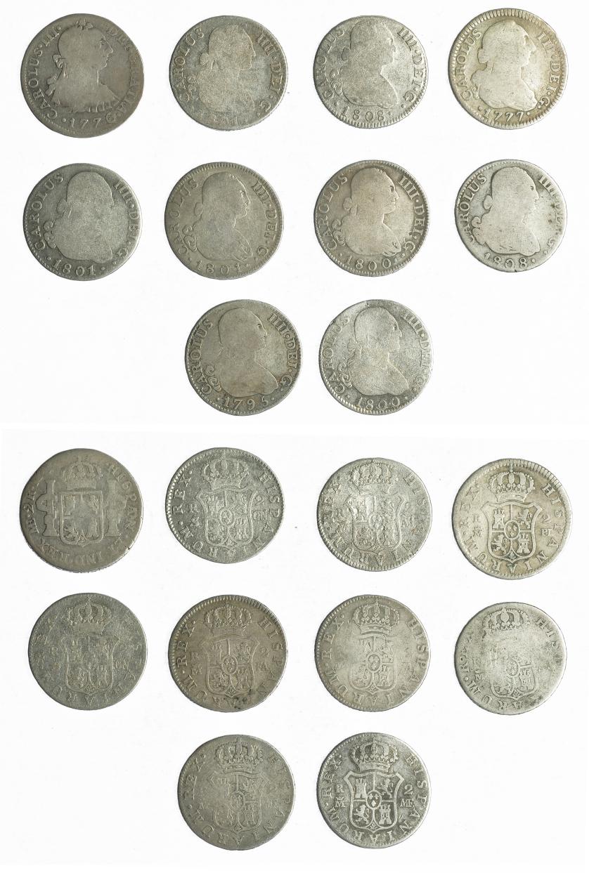 596   -  CARLOS IV. Lote 10 monedas de 2 reales. 1776-1808. Lima -1776-, Madrid -1777, 1795, 1800 MF y FA (2), 1801, 1808 AI (2)- Sevilla -1801 (2). BC/BC+.