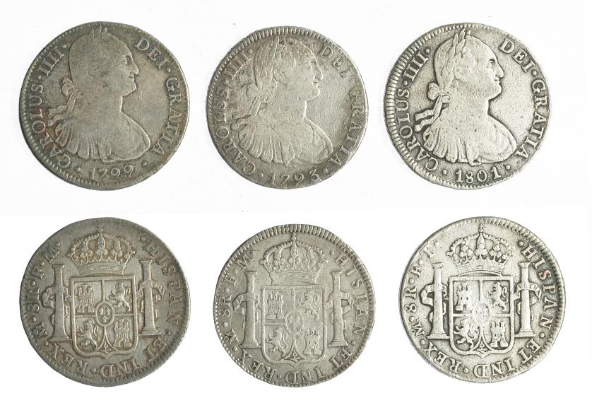 597   -  CARLOS IV. Lote de 3 monedas de 8 reales. México 1793, 1799 y 1801. BC+/MBC-.