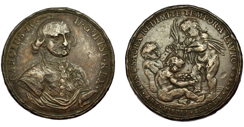 598   -  CARLOS IV. Medalla. 1789. Sevilla. La Academia. Firma SA. AE 42 mm. H-96 vte. Golpes. MBC-/MBC.