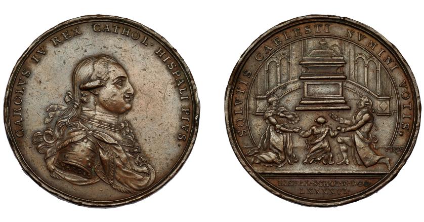 599   -  CARLOS IV. Medalla. 1796. Voto de la familia real a San Fernando. Grabador Pardo en anv. y J.B.A. en rev. AE 48,5 mm. MPN-205. Golpes en canto. MBC+.