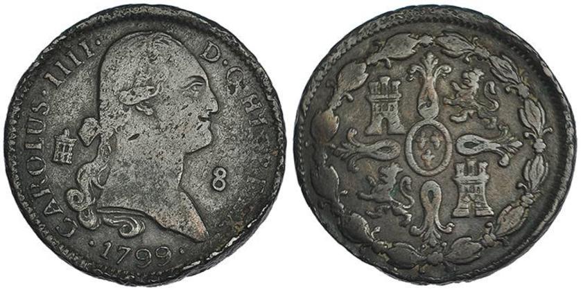 606   -  CARLOS IV. 8 maravedís. 1799. Segovia. VI-72. Golpes en canto. BC+.