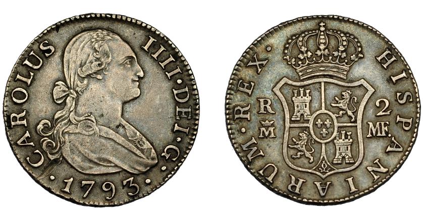 610   -  CARLOS IV. 2 reales. 1793. Madrid. MF. VI-522. MBC/MBC+. Escasa.